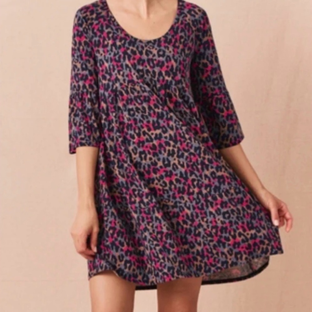 Pact Revive Flutter Sleeve Jaguar Print Organic Cotton Blend Dress Size Small